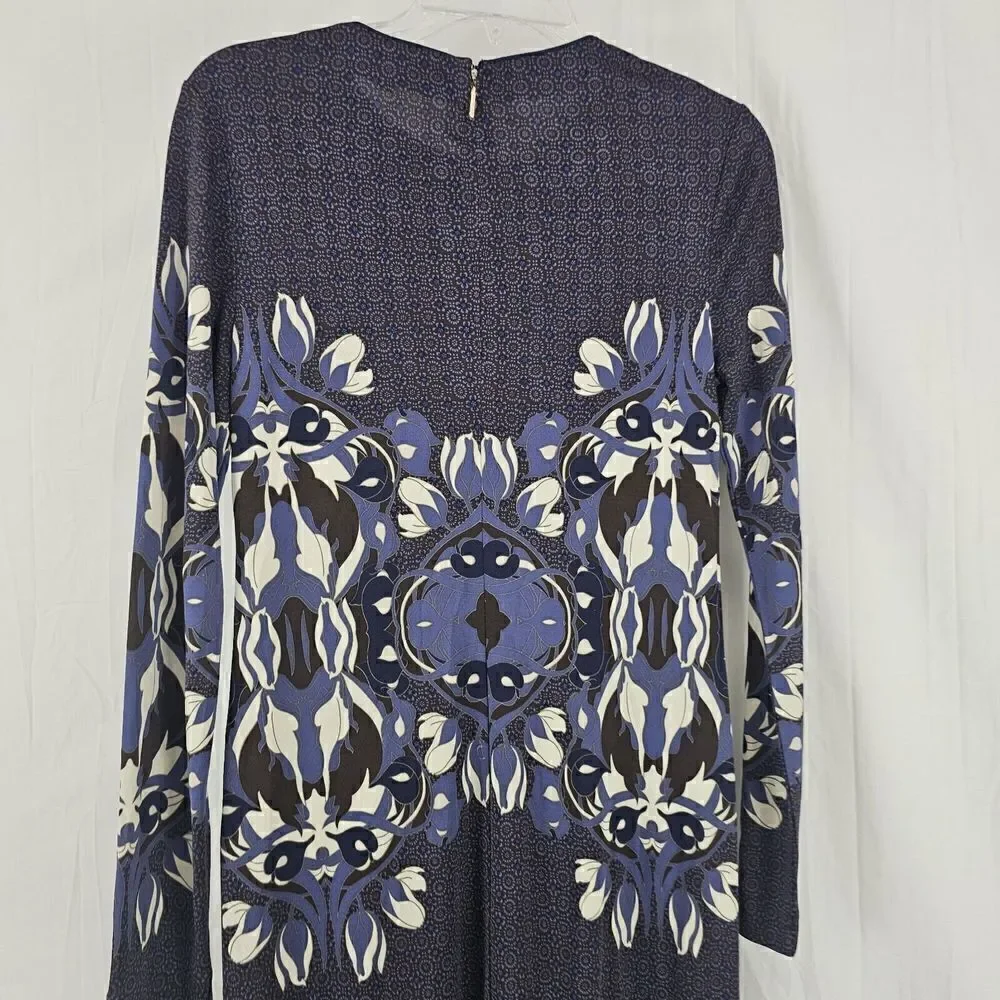 Tory Burch Flavia Blue Multicolored Long Sleeve Silk Dress Size Small